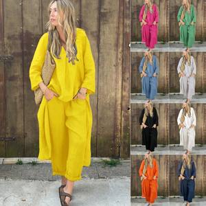 Nuovo modello primaverile da <span class=keywords><strong>donna</strong></span> 2 pezzi per <span class=keywords><strong>camicia</strong></span> Plus Size in cotone <span class=keywords><strong>e</strong></span> <span class=keywords><strong>lino</strong></span> pantaloni larghi a vita alta - Product Image 1