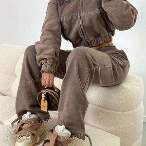 Novità 2026 Tute da Jogging Personalizzate da <span class=keywords><strong>Donna</strong></span> con Lavaggio Acido Effetto Usurato, Patch Ricamate, Felpa Corta <span class=keywords><strong>Oversize</strong></span> con Zip e Pantaloni <span class=keywords><strong>Jogger</strong></span> - Product Image 3