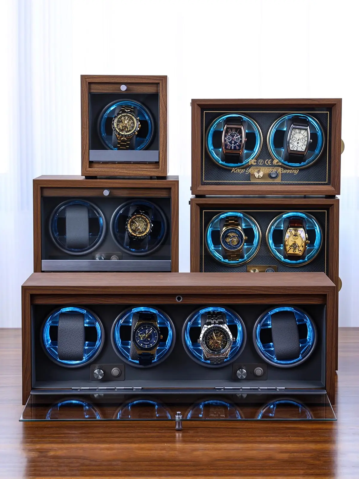 Luxe Groothandel Horloge Winder 1 2 3 4 6 Mutli-Slots Automatische Organizer Box Walnootkleur Houten Frame Met Traagschuim Kussen