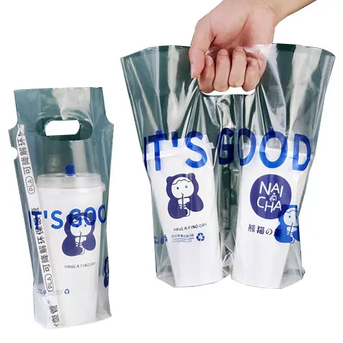 Wholesale custom thick packaging bubble drinks double cup transparent plastic bags food take-out plastic bags