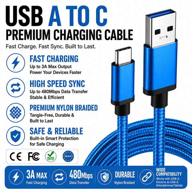 LUNG KAY USB 3.0 Type a to C Cable 3A Fast Charging Nylon Braided Cord 5Gbps High Speed Data Sync for iPad Samsung OEM