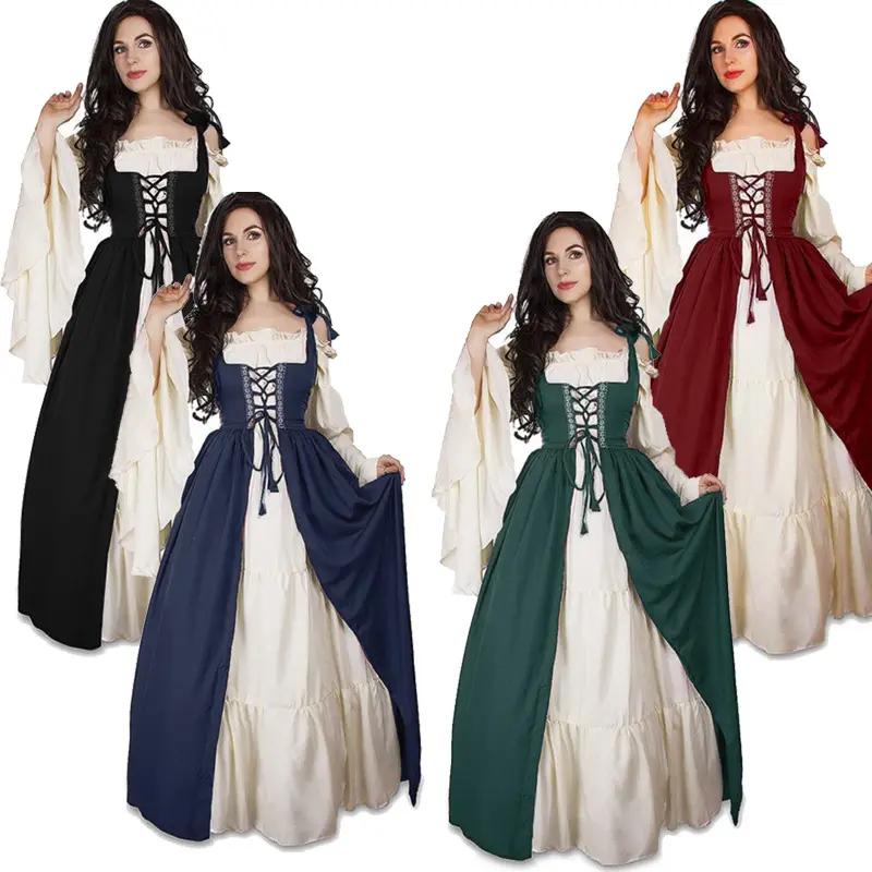 Vestido vintage sem alças manga longa, vestido elegante medieval queen halloween WDEC-002