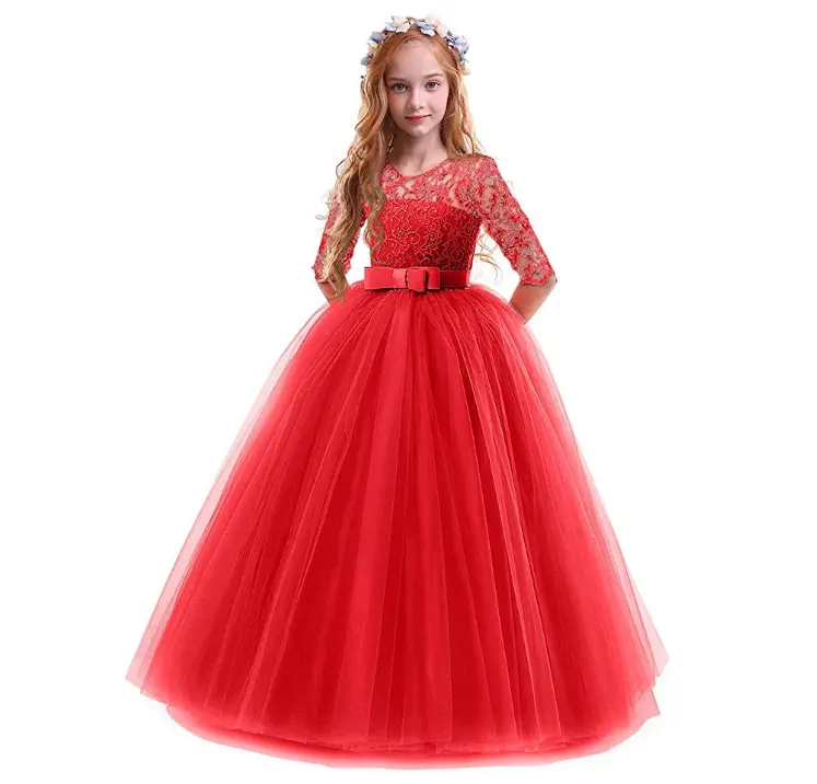 Lace Dress Kids Flower Embroidery Children Dresses for Christmas Party Red Ball Gown