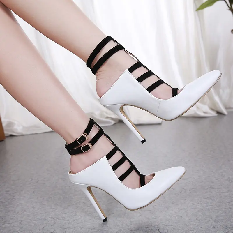 Sandália de salto alto stiletto, sapato sexy ponteiro, sapato de camurça pu, branco e preto, 2022 cores