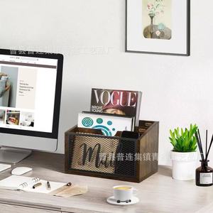Caja organizadora de correo de madera y hierro para escritorio con frente de malla para almacenamiento de revistas y periódicos - Product Image 4