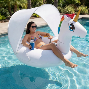 Bouée gonflable personnalisée en gros pour adultes, motif licorne, avec auvent, porte-gobelet et poignées de poussée pour fêtes à la plage/à l'extérieur - Product Image 1