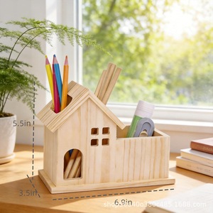 Wooden House Shaped Storage Box Desktop Organizer Pen Holder Eco Friendly Solid Wood Sundries <b>Container</b> - Product Image 3