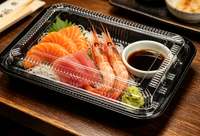 Plateau rectangle jetable en plastique PET noir pour l'emballage des sushis ou des sandwichs Pratique et facile à utiliser