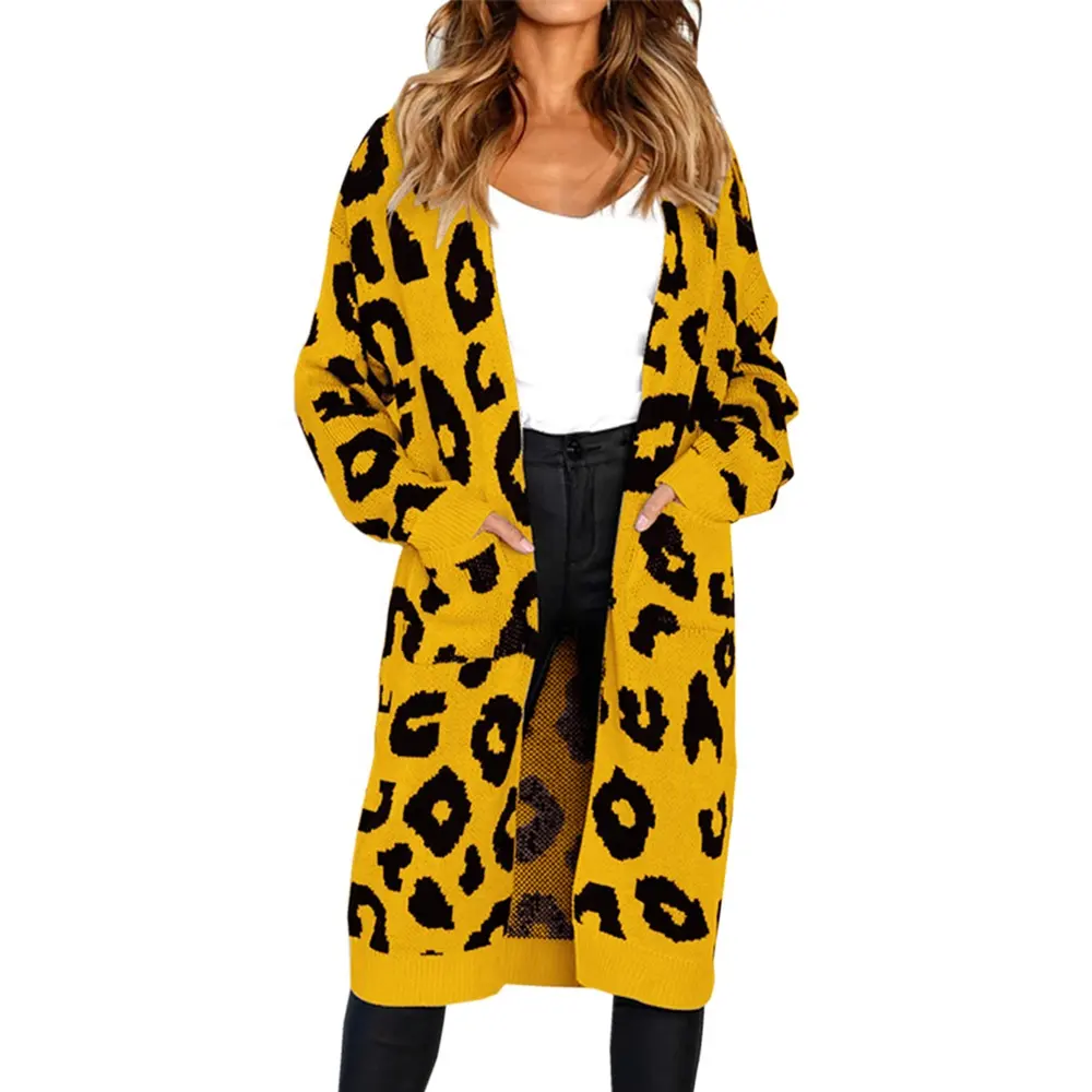 Hot Sale Winter Warm Chunky Knit Leopard Long Sleeve Woman Cardigan Sweater for pockets