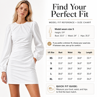 Robe Courte Blanche Femme 100% Nylon Col Rond Manches Bouffantes Froncées sur les Côtés Élégante Robe de Soirée Vente en Gros Automne/Hiver 2026