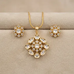 Wholesale <b>Indian</b> Polki Kundan Pendant Brass <b>Jewelry</b> <b>Set</b> Rhodium Plated Diamond Antique Look Trendy Designer Wedding Women's - Product Image 4