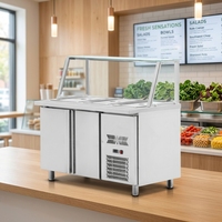Meja Persiapan Pizza Sandwich Saladette Berpendingin 2 Pintu Stainless Steel Komersial dengan Penutup Kaca