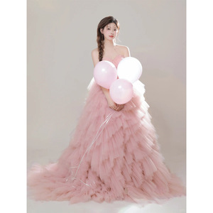 Pink Strapless Tulle Ball Gown Wedding Dress Natural Waistline Candy Color Light Train Photography Theme - Product Image 2