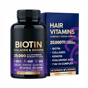 Vitamines pour cheveux à la biotine, au collagène et à la kératine, 60 capsules, 2 par portion, complément alimentaire sans gluten - Product Image 1