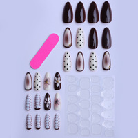 Faux ongles en amande à la française, design minimaliste avec pois et fleurs 3D, 24 pièces, couverture complète, amovibles et réutilisables
