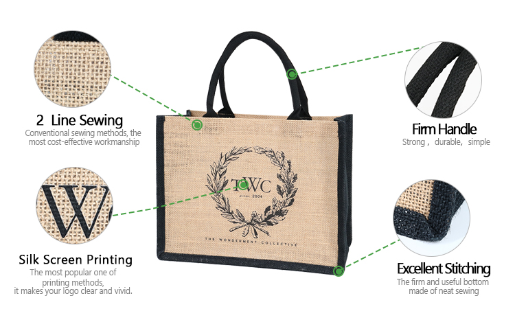 Custom Silk Screen Printing Black Jute Tote Bag With White Logo Printed