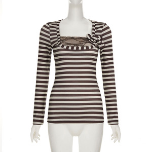 Y2K vintage stripe contrast color <b>square</b> neck lace spliced bow top Korean pure desire slim flattering fashion <b>T</b> shirt - Product Image 6