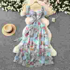 Túnica de Verano Estilo Fairycore con Estampado Digital Tejido, Transpirable y Ecológica, para Vestido Midi con Volantes y Corte en A, Cintura Imperio, Corto - Product Image 2