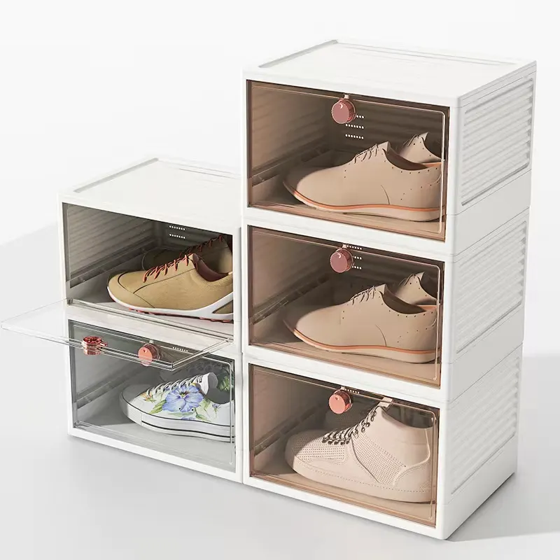 Özel Logo şeffaf plastik ayakkabı kutusu depolama dolabı damla ön ayakkabı saklama kutusu istiflenebilir organizatör plastik katlanabilir kutu