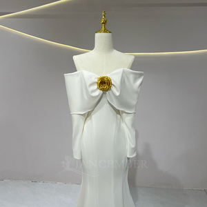 JFH66 ชุดแต่งงานทรงเมอร์เมดผ้าซาตินสีงาช้างทรงโบโฮพร้อมดอกไม้ - Product Image 3