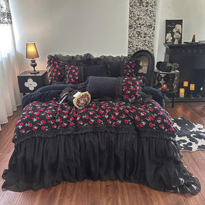 Falda de Cama de Lana Roja Vintage Francesa, Juego de Cuatro Piezas, Estilo Princesa, Lazo, Cubrecama de Coral para Boda, Invierno - Product Image 5