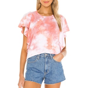 Wholesale tie dye t shirts girls ruffle sleeves women cotton t-shirt - Product Image 1