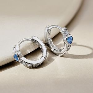 Dylam Tiny Women Girls Fine Jewelry Dress up S925 <b>Silver</b> Rhodium Plated Diamond Sapphire Heart Shape 5A Zirconia <b>Hoop</b> Earrings - Product Image 5