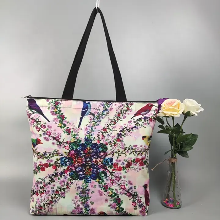Sublimation Colorful Cotton Canvas Tote Bag Printed Flowers And Birds With Zipper Wholesale Customized With Logo Tote Shop Bag