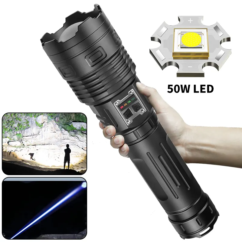 50W LED Đèn Pin USB Có Thể Sạc Lại Zoomable Khẩn Cấp Torch Siêu Sáng Spotlight Dài Phạm Vi Chiến Thuật Cắm Trại Đèn Lồng