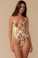 Maillot de bain une pièce personnalisé pour femme en tissu recyclé, motif floral, bretelles spaghetti, volants, coupe haute, monokini, pour la plage