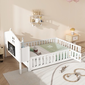 Cama Montessori de Madera Maciza Tamaño Completo con Pizarras, Barandillas, Estanterías, Plataforma de Almacenamiento y Cabecero para Niños y Adolescentes, Blanca - Product Image 3
