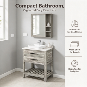 Meuble de salle de bain autoportant en bois massif rustique et vieilli avec double vasque et étagère inférieure à lattes - Product Image 6