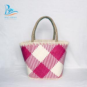 Bolsa de compras de algas marinas y hoja de palma, patrón cuadrado rosa - Product Image 2