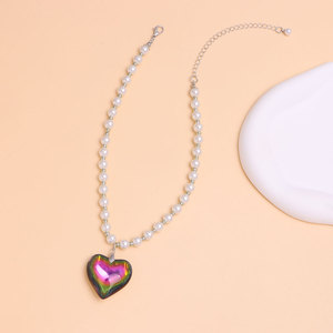 Collier de perles avec pendentif cœur, chaîne de clavicule pour femme en cristal coloré, perles blanches, usage quotidien, origine Yiwu - Product Image 6