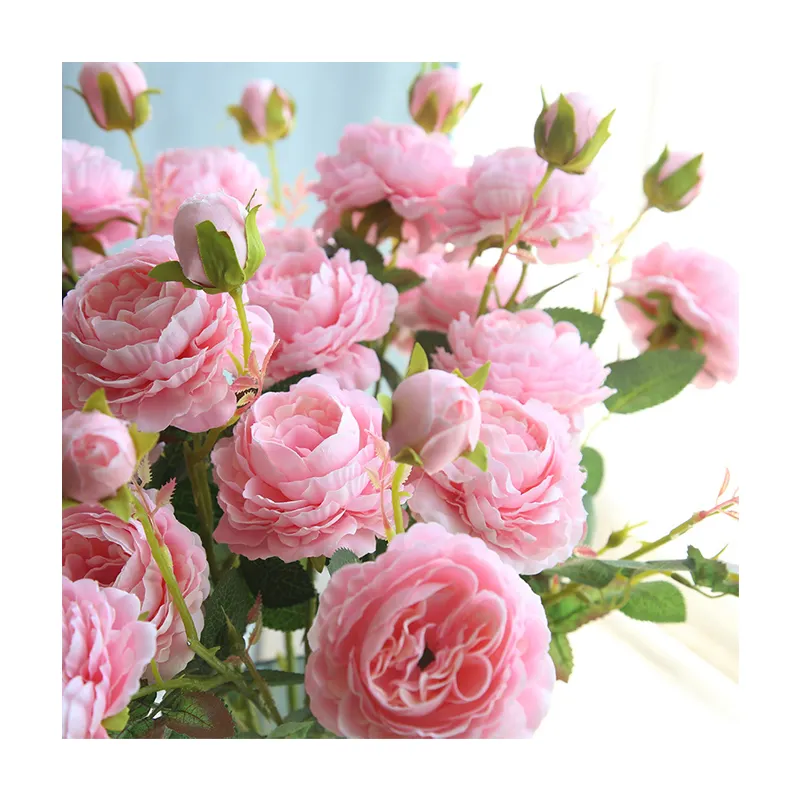 High Quality Artificial Rose Flower 3 Heads Peony Flower With Leaves Artificial Plant and Flowers For Wedding Decoration