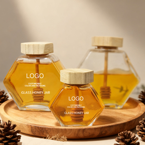 Barattolo di Vetro Esagonale per Miele <span class=keywords><strong>con</strong></span> <span class=keywords><strong>Coperchio</strong></span> in Legno Naturale, Stampa Logo Personalizzata, Confezione Regalo per Conservazione di Miele, Snack e Zucchero (100/220/380ml) - Product Image 3
