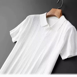 Estivo sottile elegante stile gentiluomo Design unico con maglia di ghiaccio in seta <span class=keywords><strong>bianca</strong></span> Polo <span class=keywords><strong>uomo</strong></span> <span class=keywords><strong>manica</strong></span> corta Slim Fit - Product Image 4
