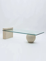 Nouvelle arrivée, meubles de luxe, table basse en marbre, base en travertin, plateau en verre en forme de boule, pieds en marbre, meubles en pierre