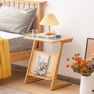 Simple Rattan Nightstand Frosted <b>Glass</b> Top Multifunction Bedroom <b>Side</b> <b>Table</b> For Bedside Use - Product Image 1