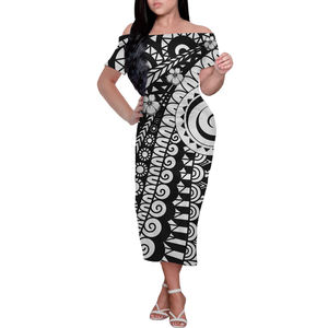 Vestidos Midi Casuales de Verano para Mujer, Diseño Tribal Samoano Maorí con Tatuajes Blancos, <span class=keywords><strong>Manga</strong></span> Corta, Hombros Descubiertos, Ajustados - Product Image 1