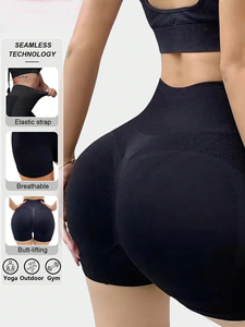 High Waist Black Seamless Yoga <b>Shorts</b> With Mesh Panel Tummy Control Shapewear <b>Ruched</b> Butt Design - Product Image 4