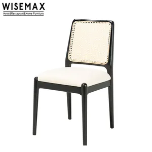 WISEMAX FURNITURE Antique style modern nordic fabric seat and wicker rattan backrest dining chair