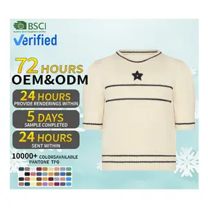 Garment manufacturers custom free design logo jacquard embroidery short sleeve merino wool knitted top jumper knitwear sweater