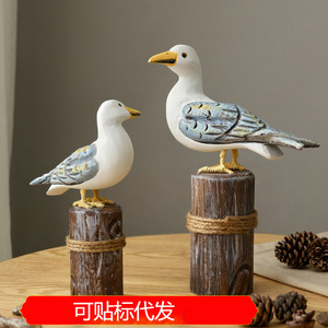 Ensemble d'ornements en bois massif en forme de mouette, 2 pièces, style méditerranéen, sculpture ronde, décoration de la maison, décoration de salon - Product Image 5