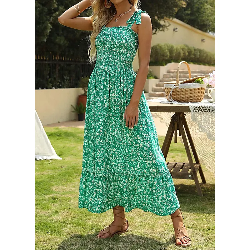 Vestido largo de lino con estampado Floral para mujer, vestido de vacaciones verde de algodón con espalda descubierta y escote, informal, bohemio