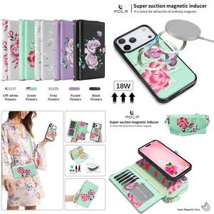 Funda Cartera de Cuero Pola con Estampado Floral para iPhone, con Anillo de Soporte, Protección 360, Cierre Magnético, Diseño Rosa Verde - Product Image 3