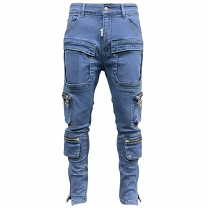 Trending Men Denim Cargo Jeans Streetwear Washed Blue Stacked Fit with Multi-Pockets Exposed Zippers and <b>Ankle</b> Zips Denim Pants - Product Image 1