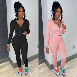 2024 Summer clothing casual women zipper two piece outfits hooded sweat suit jogger tracksuit set