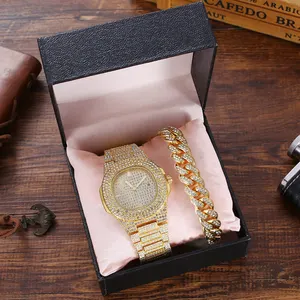 Relógio hip hop dourado + pulseira + caixa, conjunto miami cubano corrente relógio masculino luxo relógio de pulso relógio diamante prata