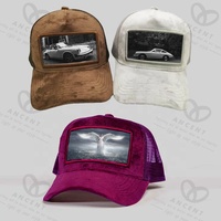 Offre Spéciale 5 panneaux appliqués patchs noir et blanc velours chapeaux de camionneur personnalisé broderie logo maille arrière velours casquettes de camionneur Patch